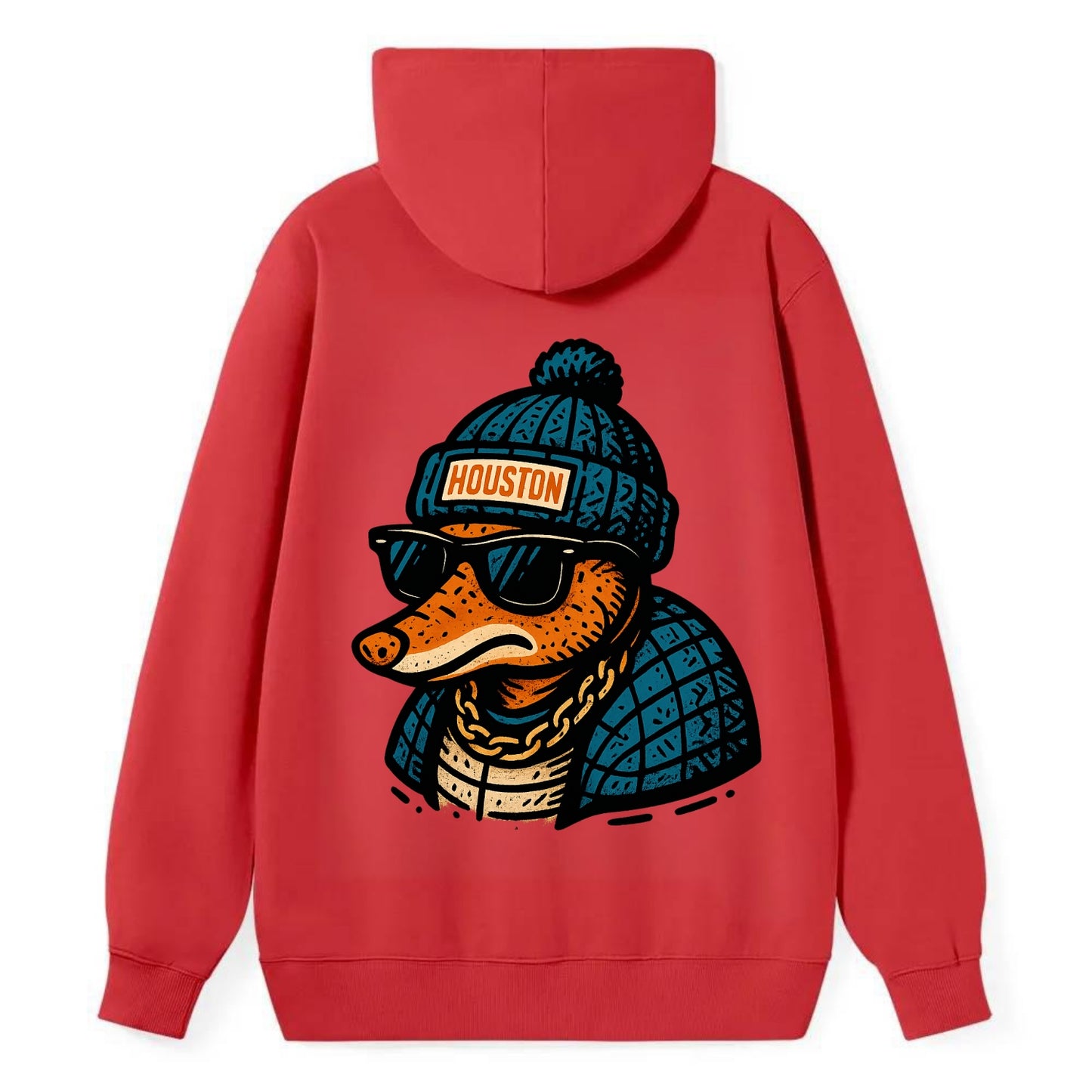 Houston Armadillo wearing Houston beanie with pom pom and wayfarer - Classic Pullover Hoodie - Red