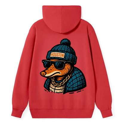 Houston Armadillo wearing Houston beanie with pom pom and wayfarer - Classic Pullover Hoodie - Red