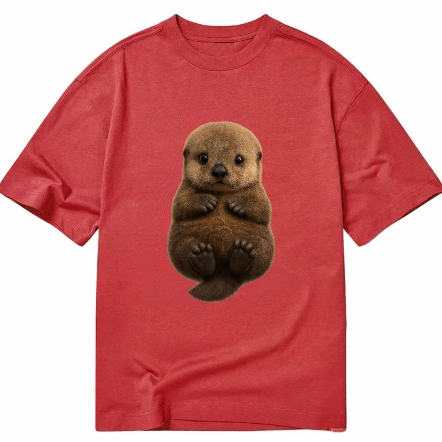Baby Sea Otter - brown fluffy, floating on back, tiny paws, bright eyes, - Classic T-shirt - Red