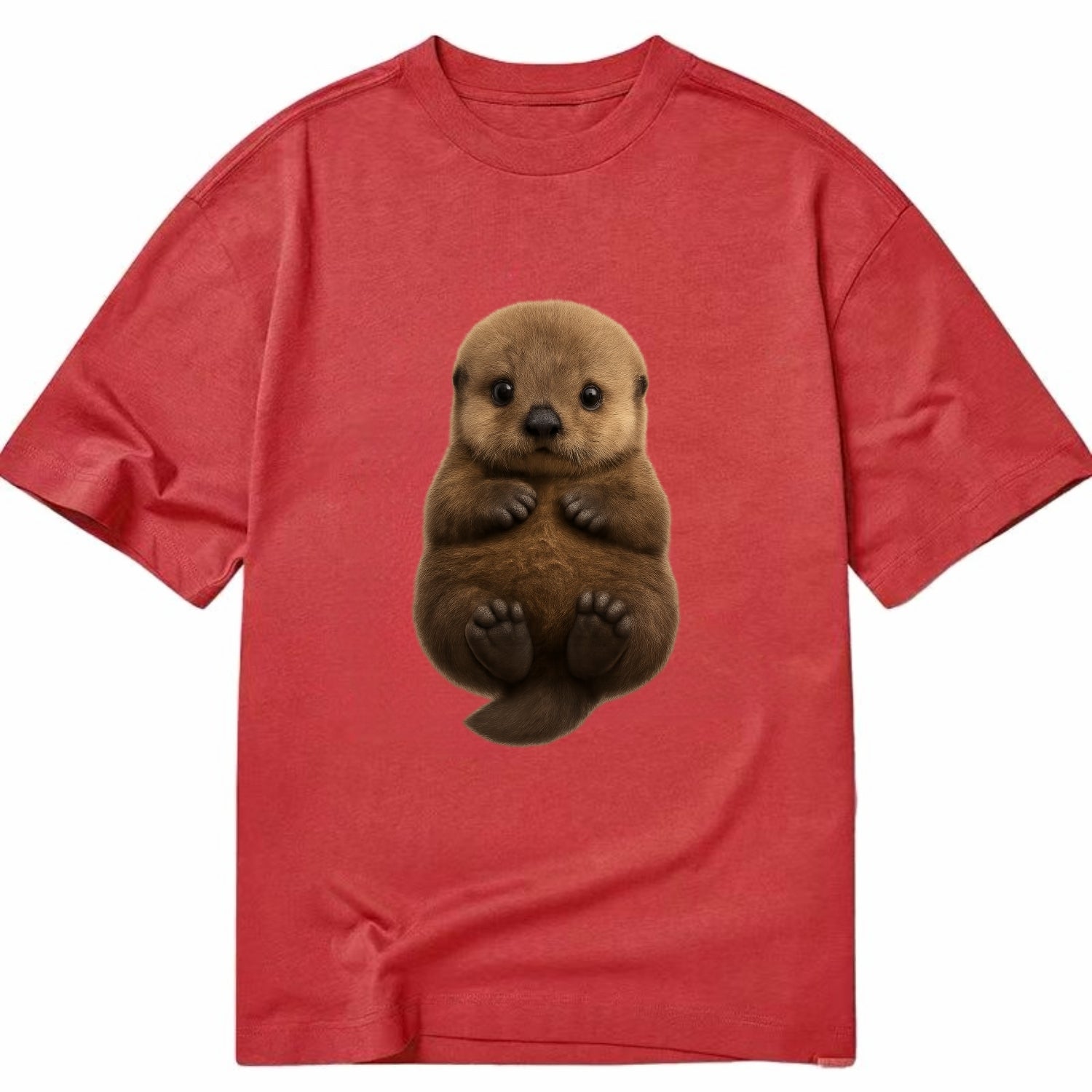 Baby Sea Otter - brown fluffy, floating on back, tiny paws, bright eyes, - Classic T-shirt - Red