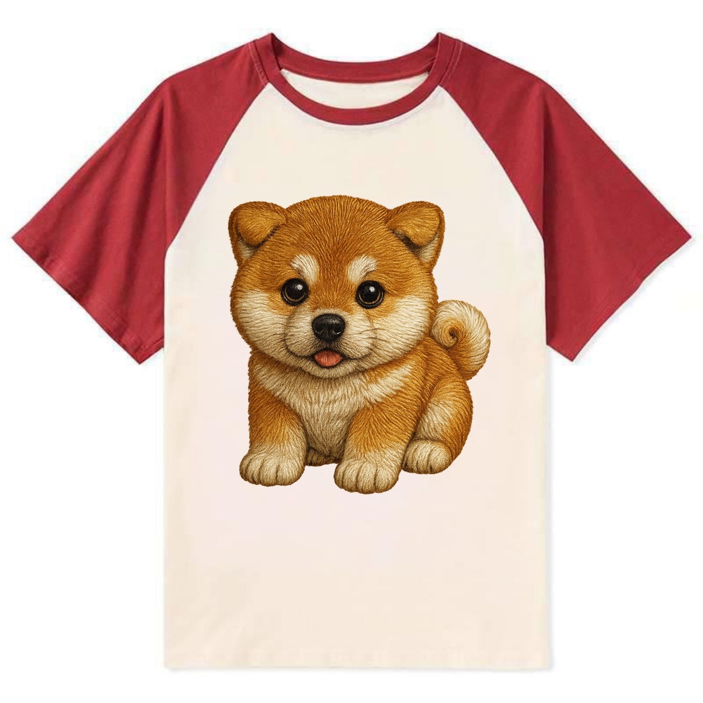 Baby Akita Puppy - fluffy bear-like, curled tail, dignified eyes, - Contrast Raglan T-shirt - Red