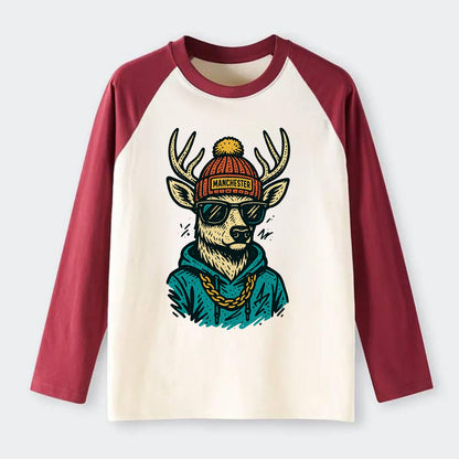 New Hampshire White-tailed Deer wearing Manchester beanie with pom pom - Raglan Long Sleeve T-Shirt - Red