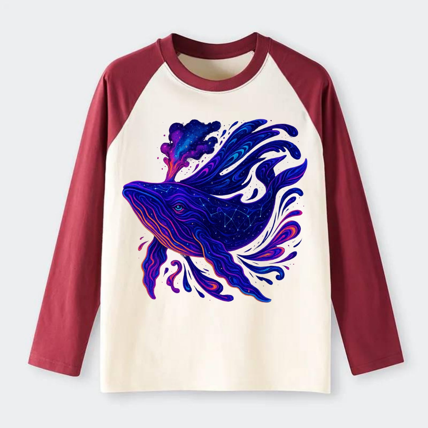 Majestic whale with body composed of galaxy clusters, stellar fins - Raglan Long Sleeve T-Shirt - Red