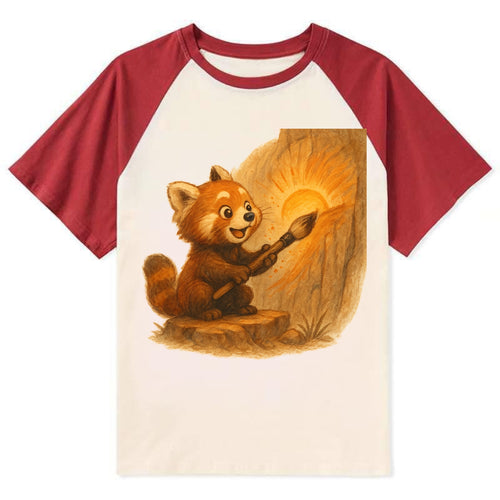 Red panda painting a sunrise mural with an oversized calligraphy brush on - Contrast Raglan T-shirt