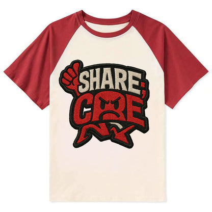 SHARE;CARE TOO MUCH Oversharer Green Hat - Contrast Raglan T-shirt - Red