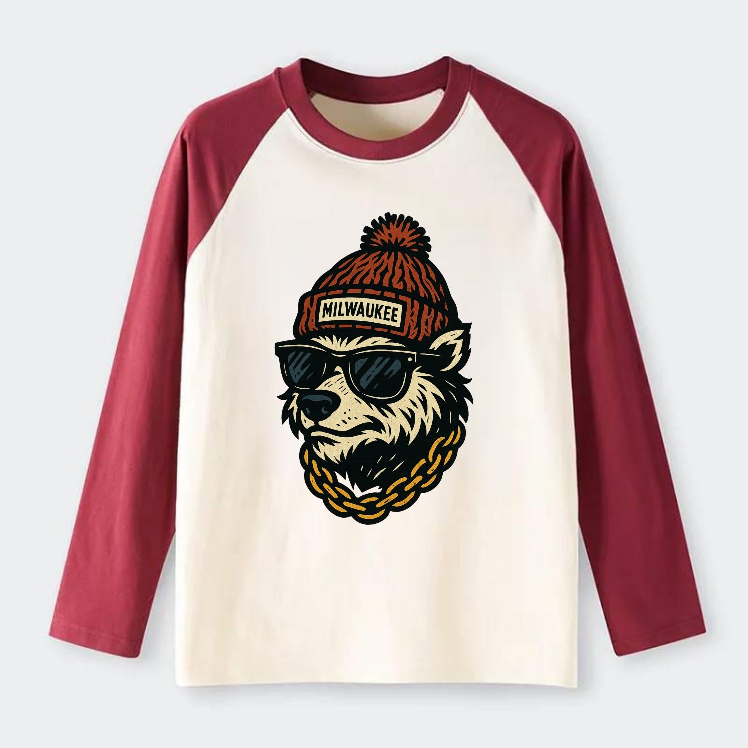 Milwaukee Badger wearing Milwaukee beanie with pom pom and wayfarer - Raglan Long Sleeve T-Shirt - Red