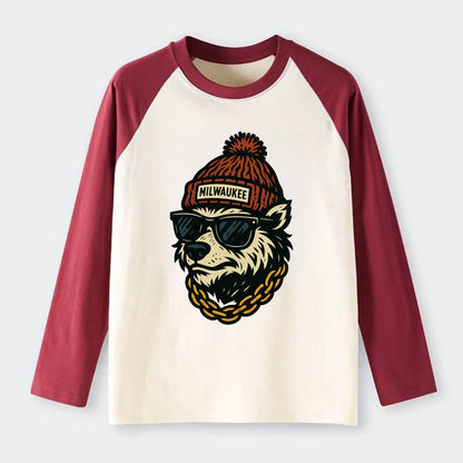 Milwaukee Badger wearing Milwaukee beanie with pom pom and wayfarer - Raglan Long Sleeve T-Shirt - Red