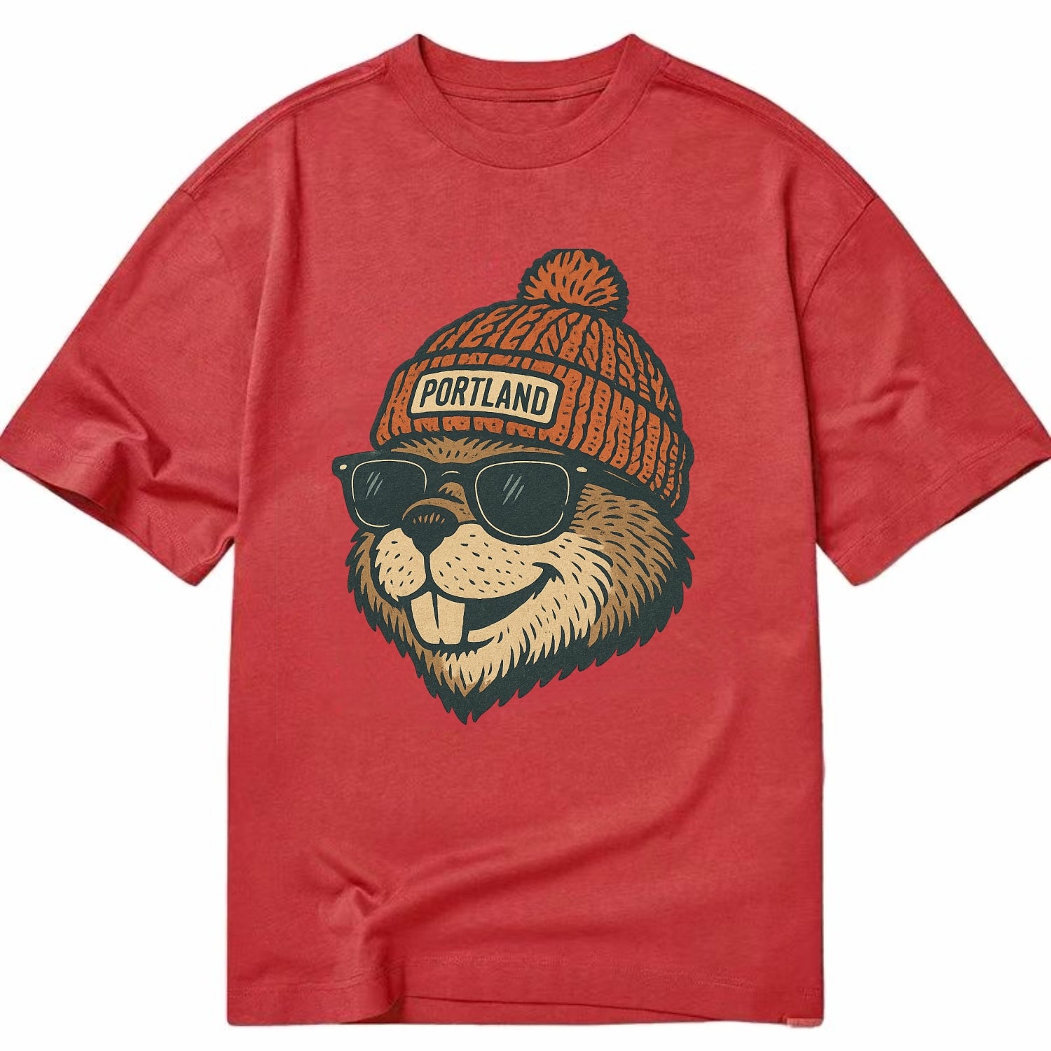 Oregon Beaver wearing Portland beanie with pom pom and wayfarer sunglasses - Classic T-shirt - Red