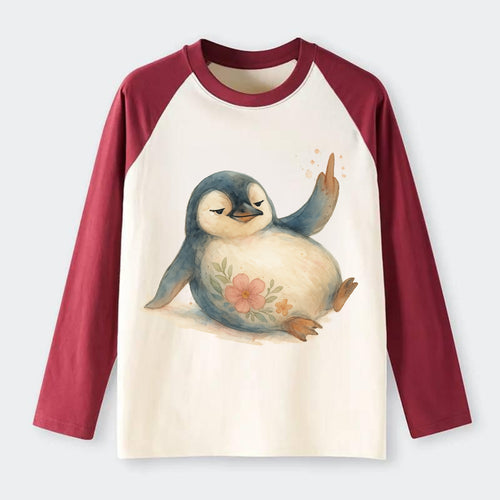 chubby penguin sliding on belly, one flipper up giving attitude - Raglan Long Sleeve T-Shirt
