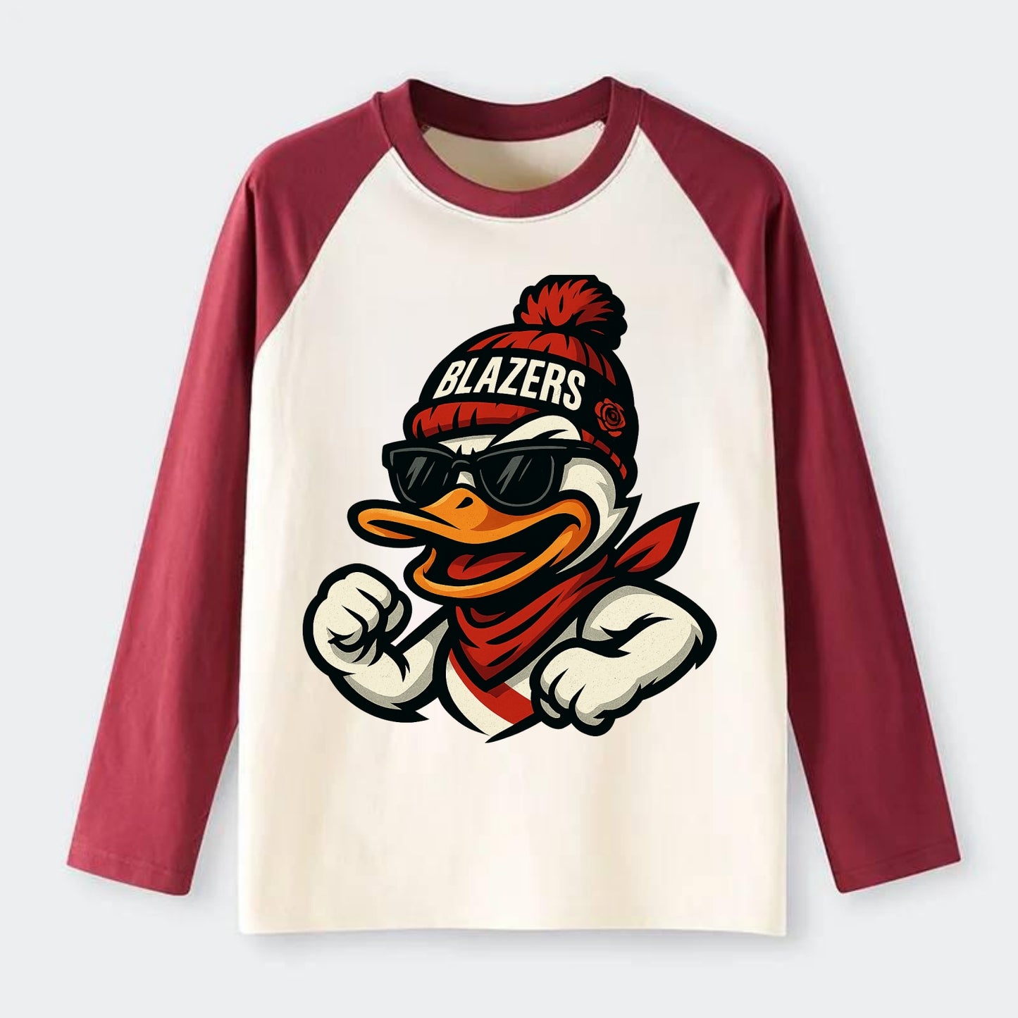 Oregon Duck wearing Trail Blazers beanie with rose patch and wayfarer - Raglan Long Sleeve T-Shirt - Red