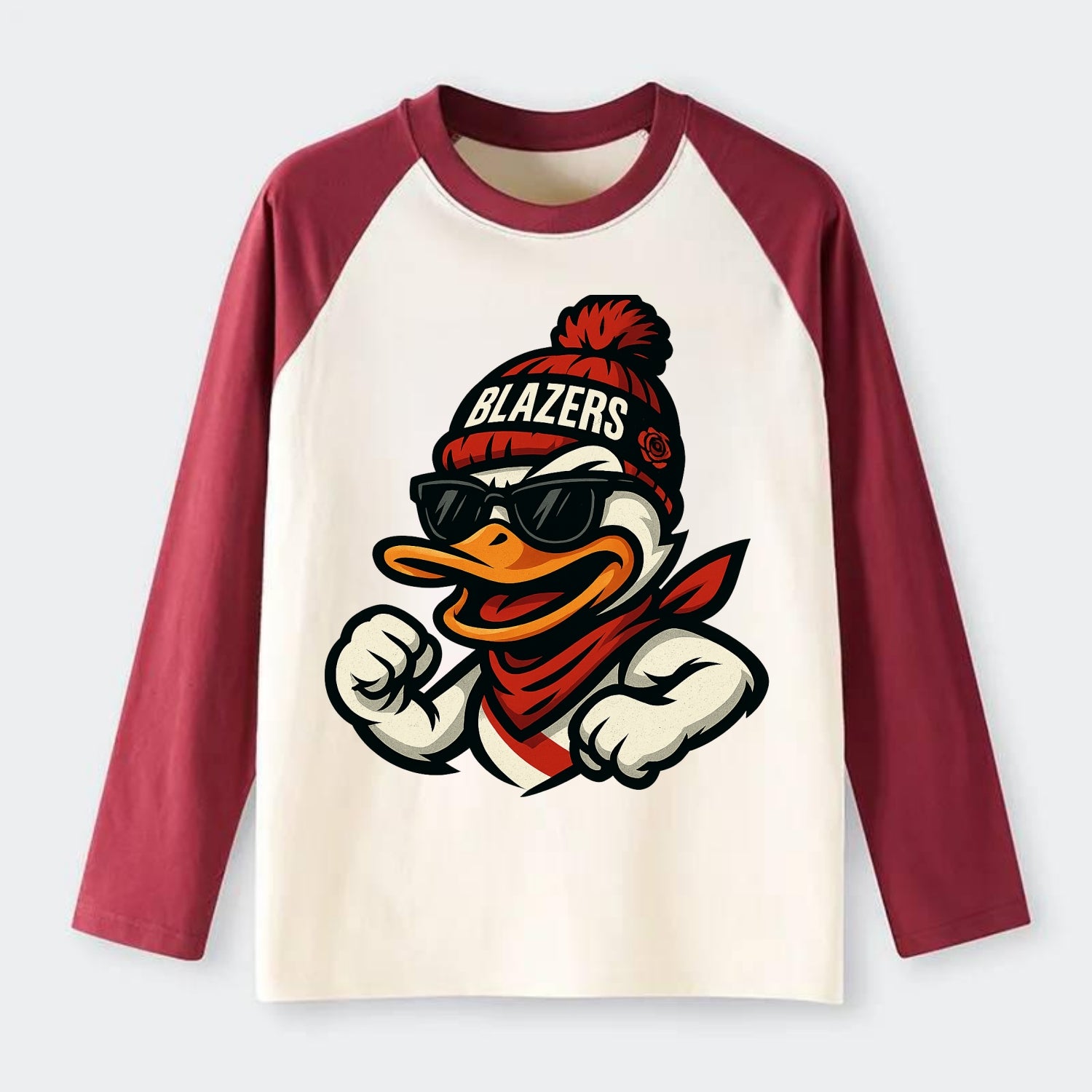 Oregon Duck wearing Trail Blazers beanie with rose patch and wayfarer - Raglan Long Sleeve T-Shirt - Red