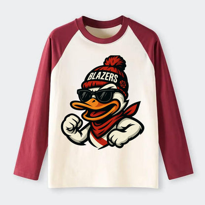 Oregon Duck wearing Trail Blazers beanie with rose patch and wayfarer - Raglan Long Sleeve T-Shirt - Red