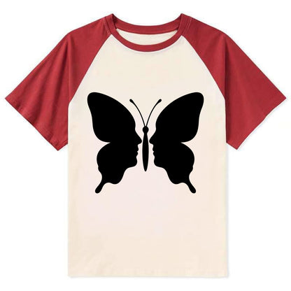 Butterfly wings - negative space reveals hidden faces or patterns - Contrast Raglan T-shirt - Red