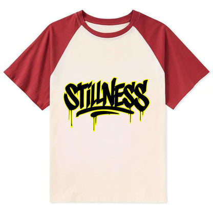 Bold typography design - "STILLNESS" - quiet power, peaceful presence - Contrast Raglan T-shirt - Red