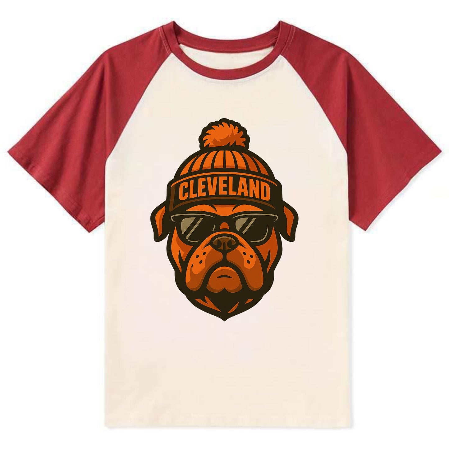 Cleveland Bulldog wearing Browns orange and brown beanie with pom pom and - Contrast Raglan T-shirt - Red