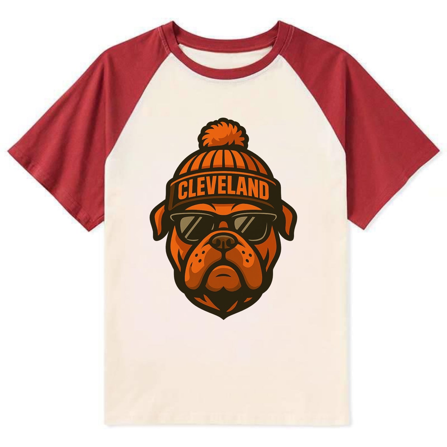 Cleveland Bulldog wearing Browns orange and brown beanie with pom pom and - Contrast Raglan T-shirt - Red