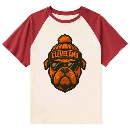 Cleveland Bulldog wearing Browns orange and brown beanie with pom pom and - Contrast Raglan T-shirt - Red