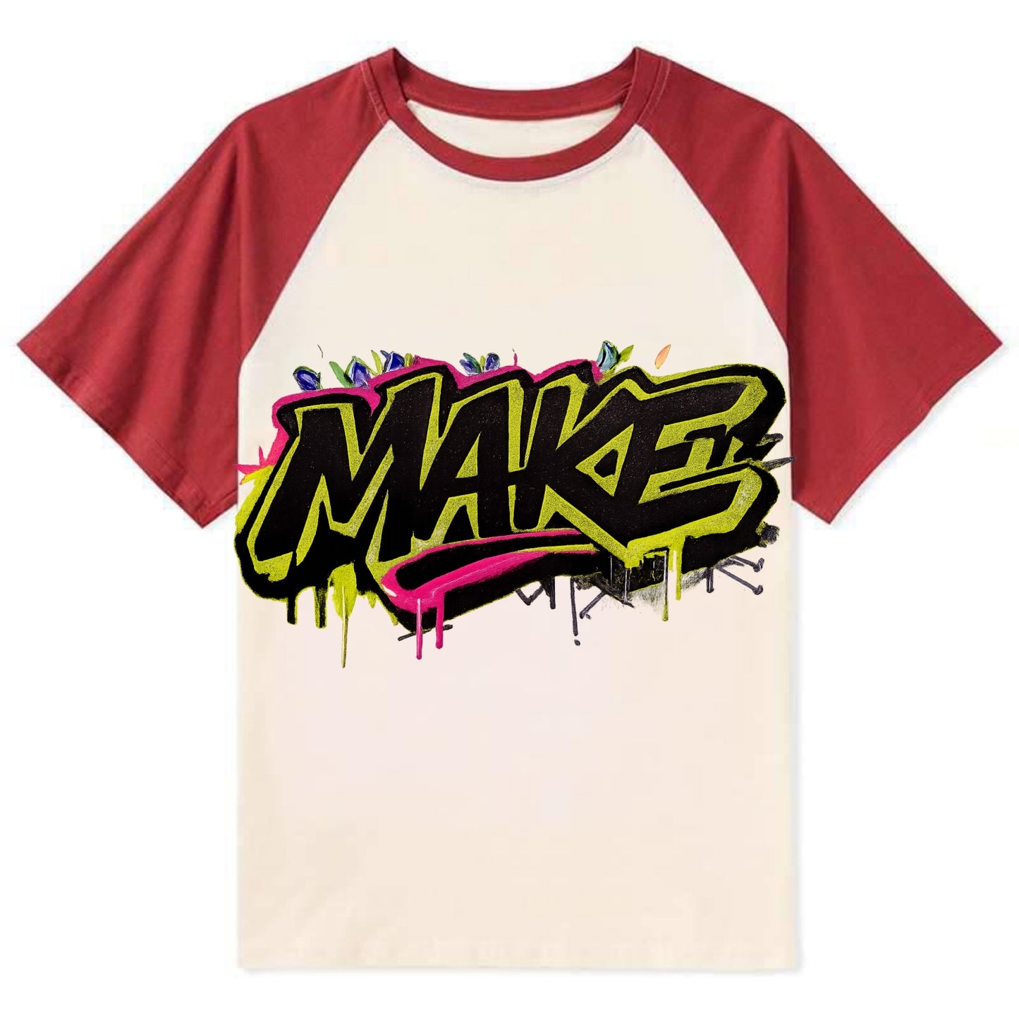 Bold typography design - "MAKE" - creating, producing, doing - Contrast Raglan T-shirt - Red