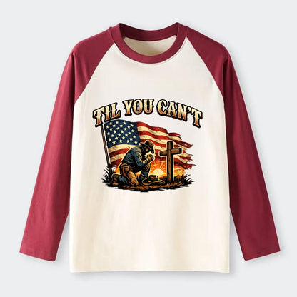 Til You Cant - Praying Cowboy - Raglan Long Sleeve T-Shirt - Red
