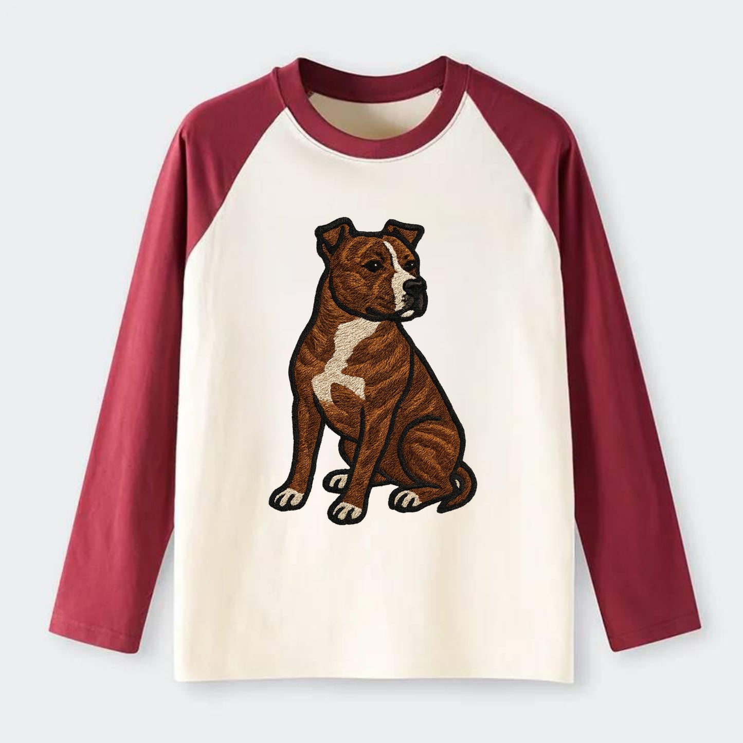 American Staffordshire Terrier - Brindle embroidered pose - Raglan Long Sleeve T-Shirt - Red
