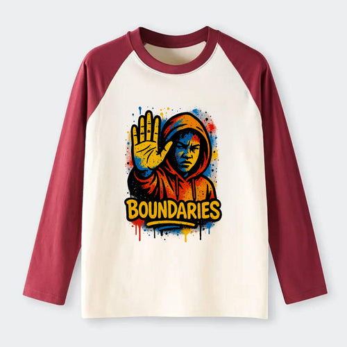 Person holding up hand in stop gesture - setting boundaries concept, - Raglan Long Sleeve T-Shirt