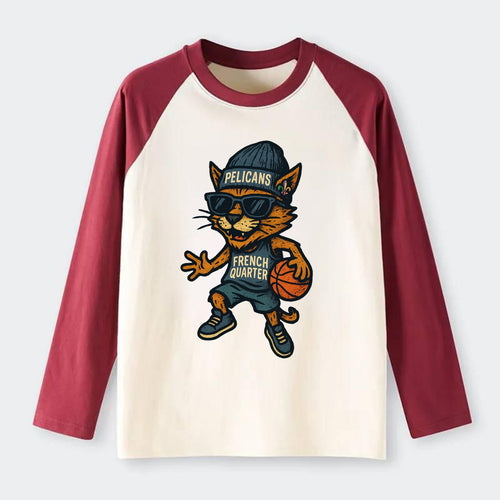 French Quarter Cat wearing Pelicans beanie with Mardi Gras patch and - Raglan Long Sleeve T-Shirt