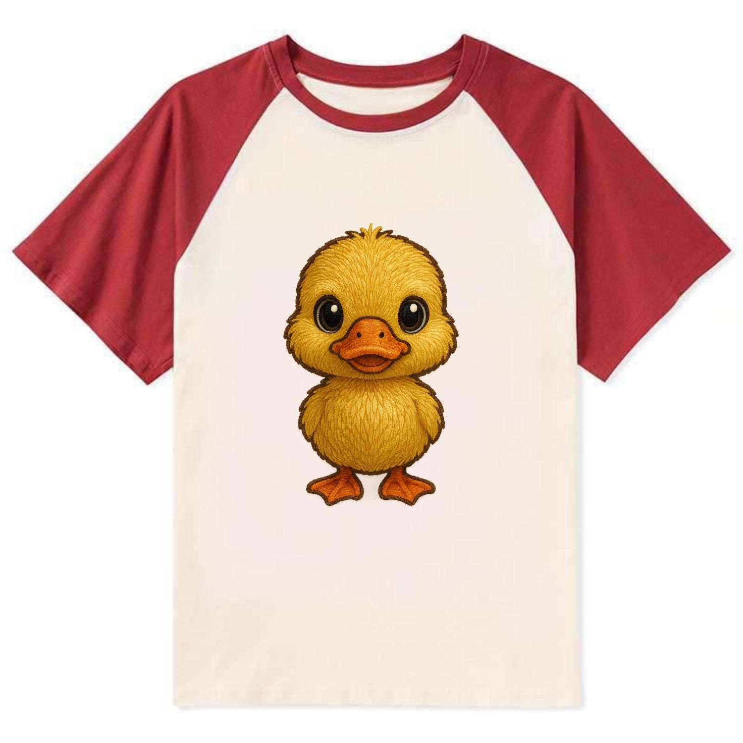 Baby Duck Duckling - yellow fluffy, orange beak, bright eyes, - Contrast Raglan T-shirt - Red