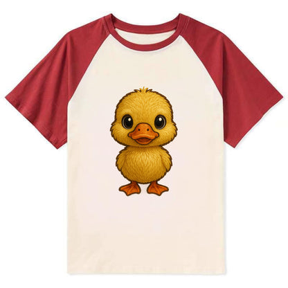 Baby Duck Duckling - yellow fluffy, orange beak, bright eyes, - Contrast Raglan T-shirt - Red