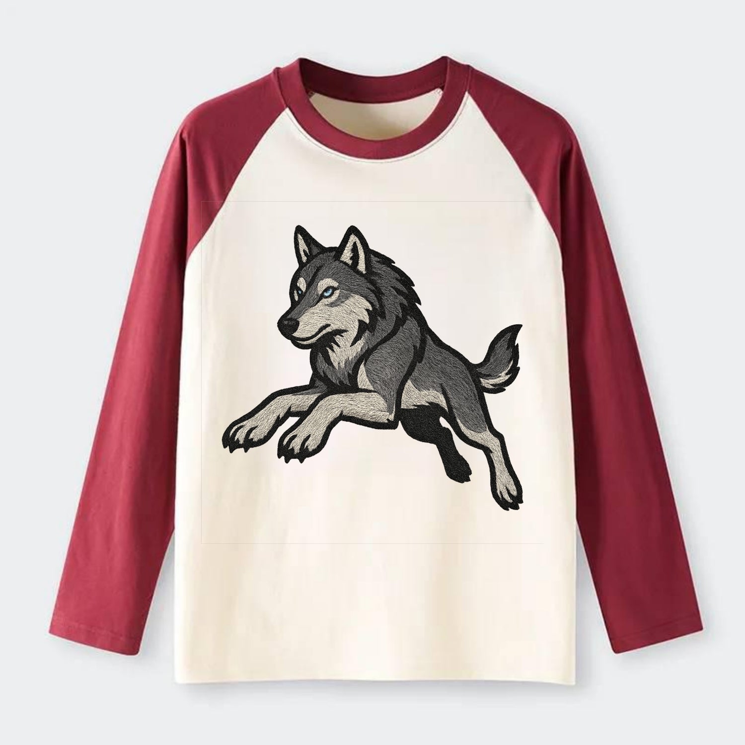 Wolf Leaping Action  - Raglan Long Sleeve T-Shirt - Red