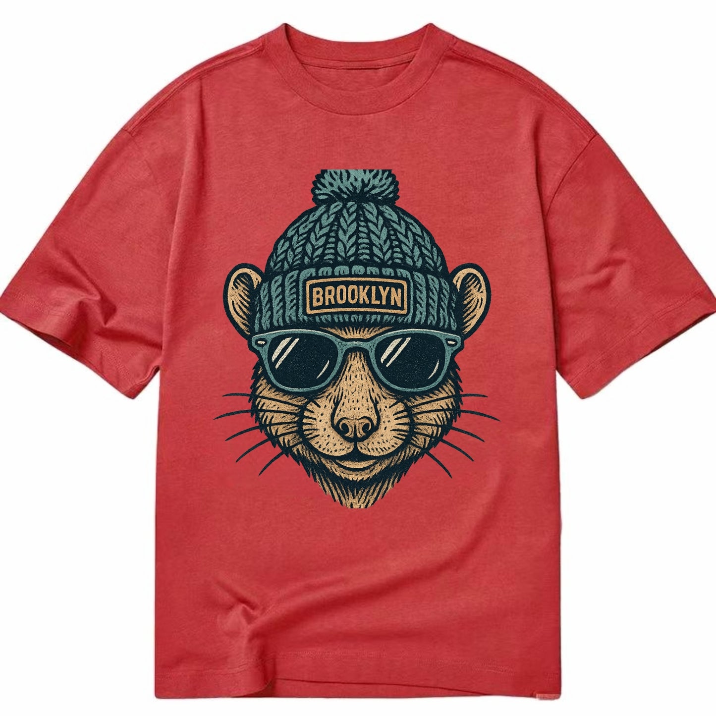 NYC Rat wearing Brooklyn beanie with pom pom and wayfarer sunglasses - Classic T-shirt - Red