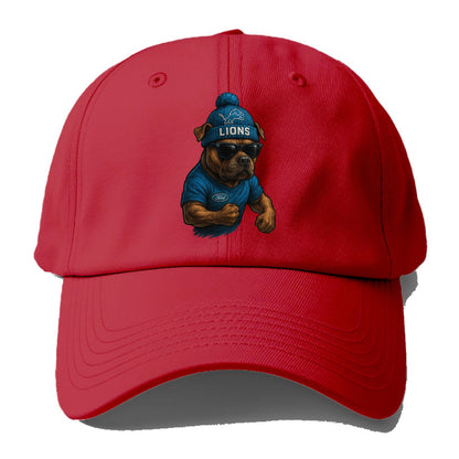Detroit Pitbull wearing Lions beanie with auto patch and wayfarer sunglasses - Baseball Cap - Red