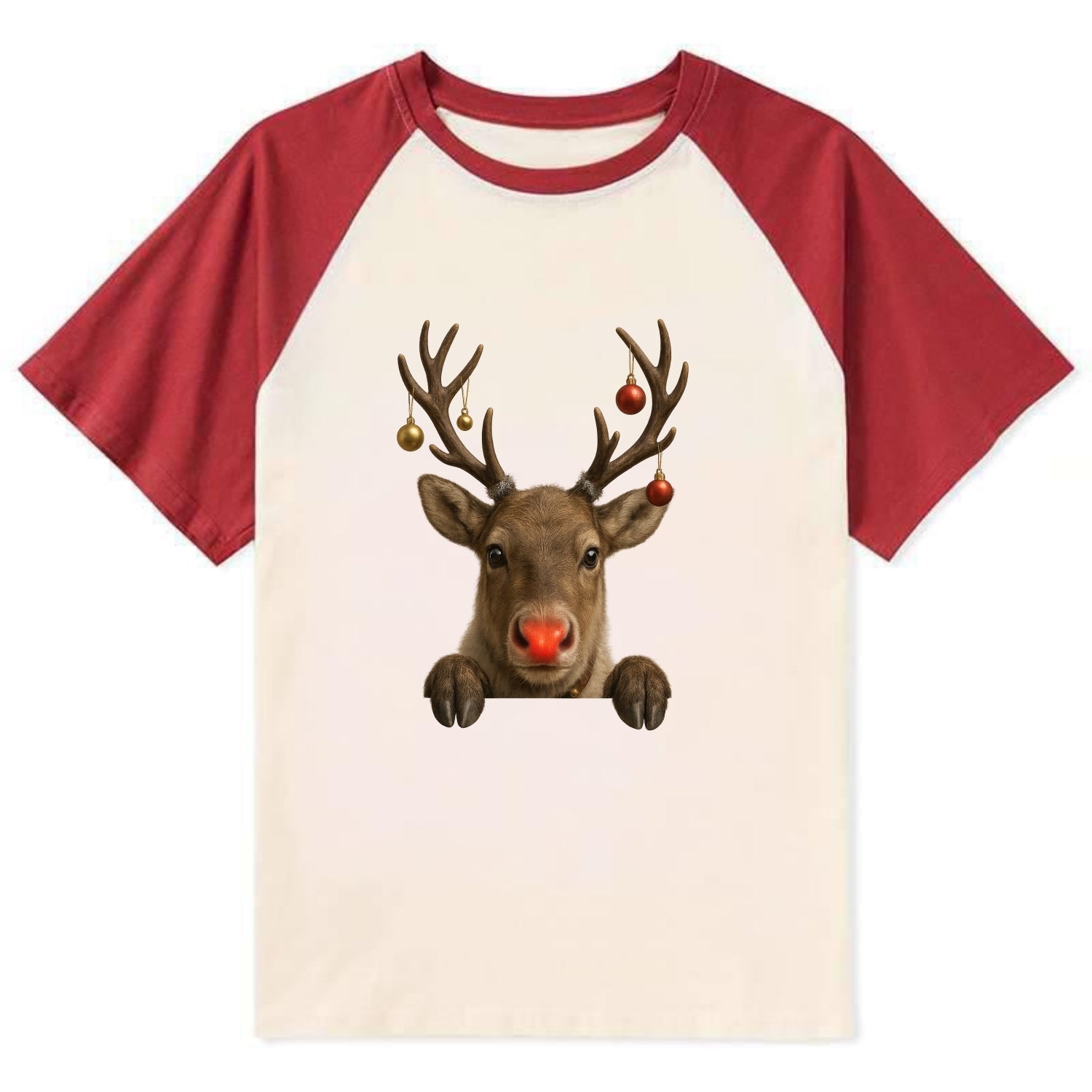 Christmas Reindeer  - Contrast Raglan T-shirt - Red
