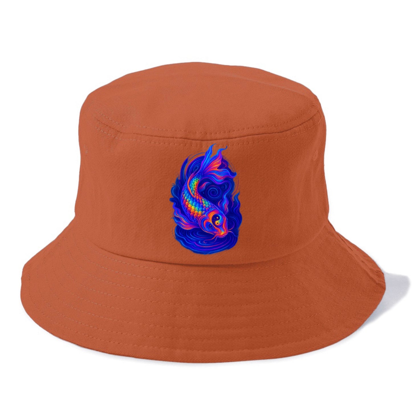 Sacred koi with scales reflecting rainbow prisms, yin-yang patterns in cosmic colors, - Bucket Hat - Red