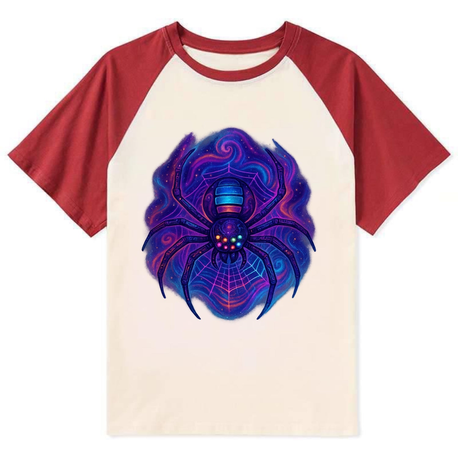 Tech spider with legs showing circuit board patterns, web glowing in neon - Contrast Raglan T-shirt - Red