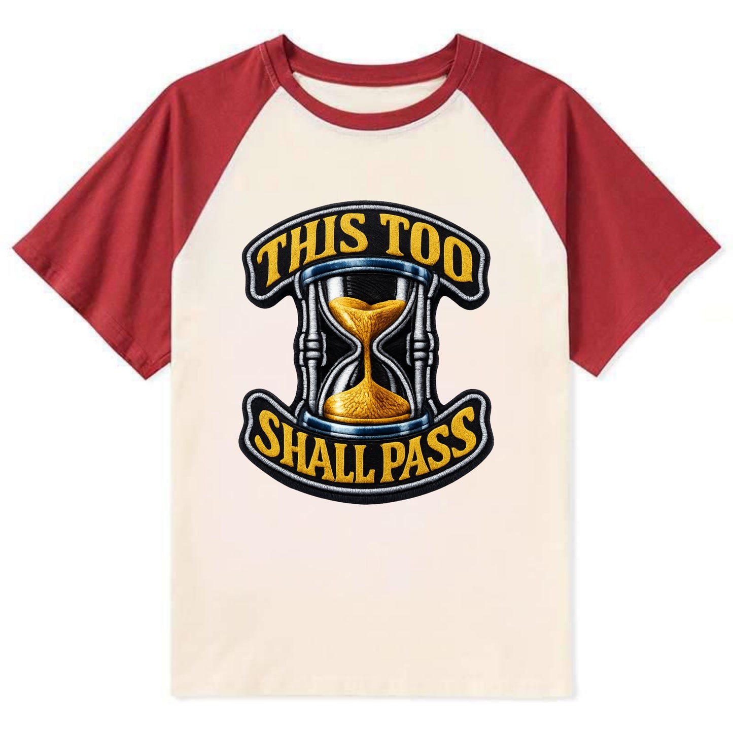 THIS TOO SHALL PASS - hourglass with text in gold , perspective - Contrast Raglan T-shirt - Red