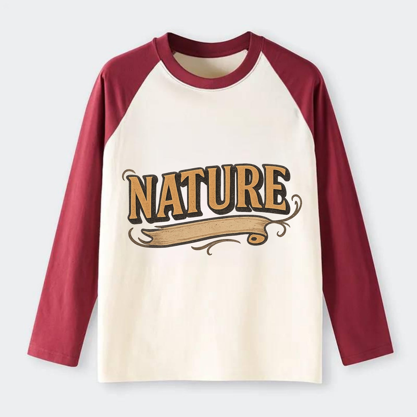 Bold typography design - "NATURE" - natural world, organic - Raglan Long Sleeve T-Shirt - Red