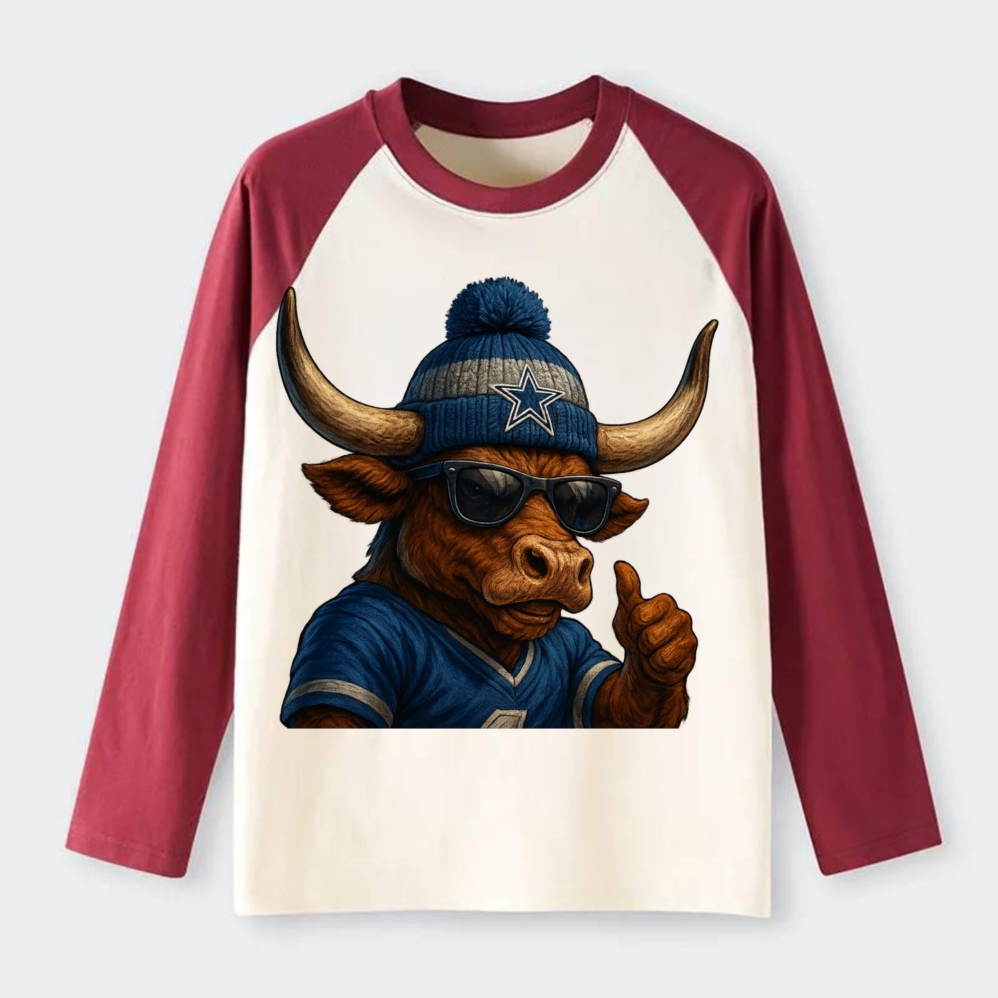Texas Longhorn wearing Cowboys silver and blue beanie with star and - Raglan Long Sleeve T-Shirt - Red