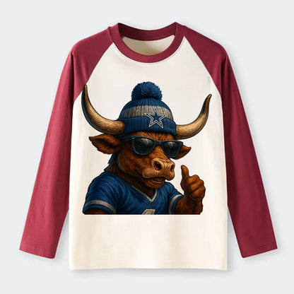 Texas Longhorn wearing Cowboys silver and blue beanie with star and - Raglan Long Sleeve T-Shirt - Red