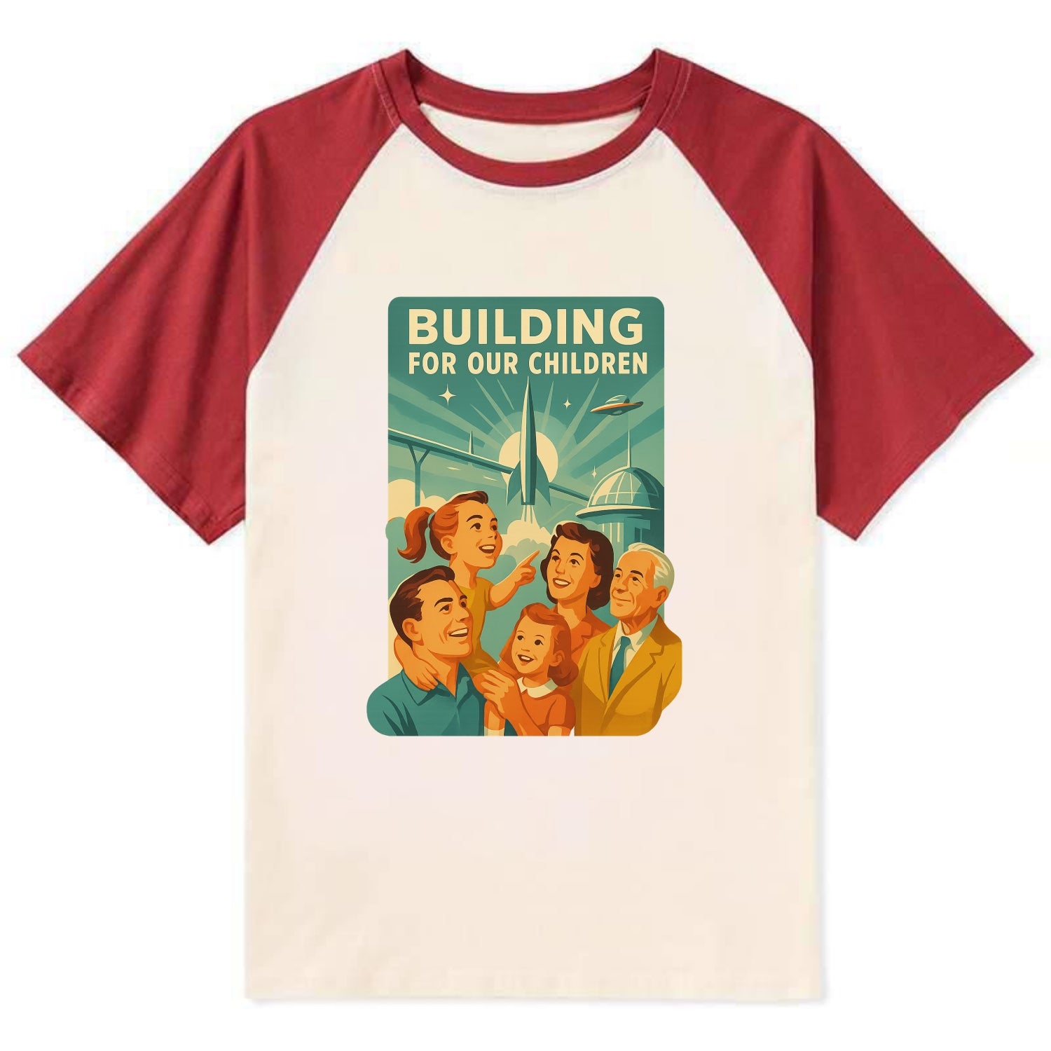 Multiple generations celebrating progress together - "Building for Our - Contrast Raglan T-shirt - Red