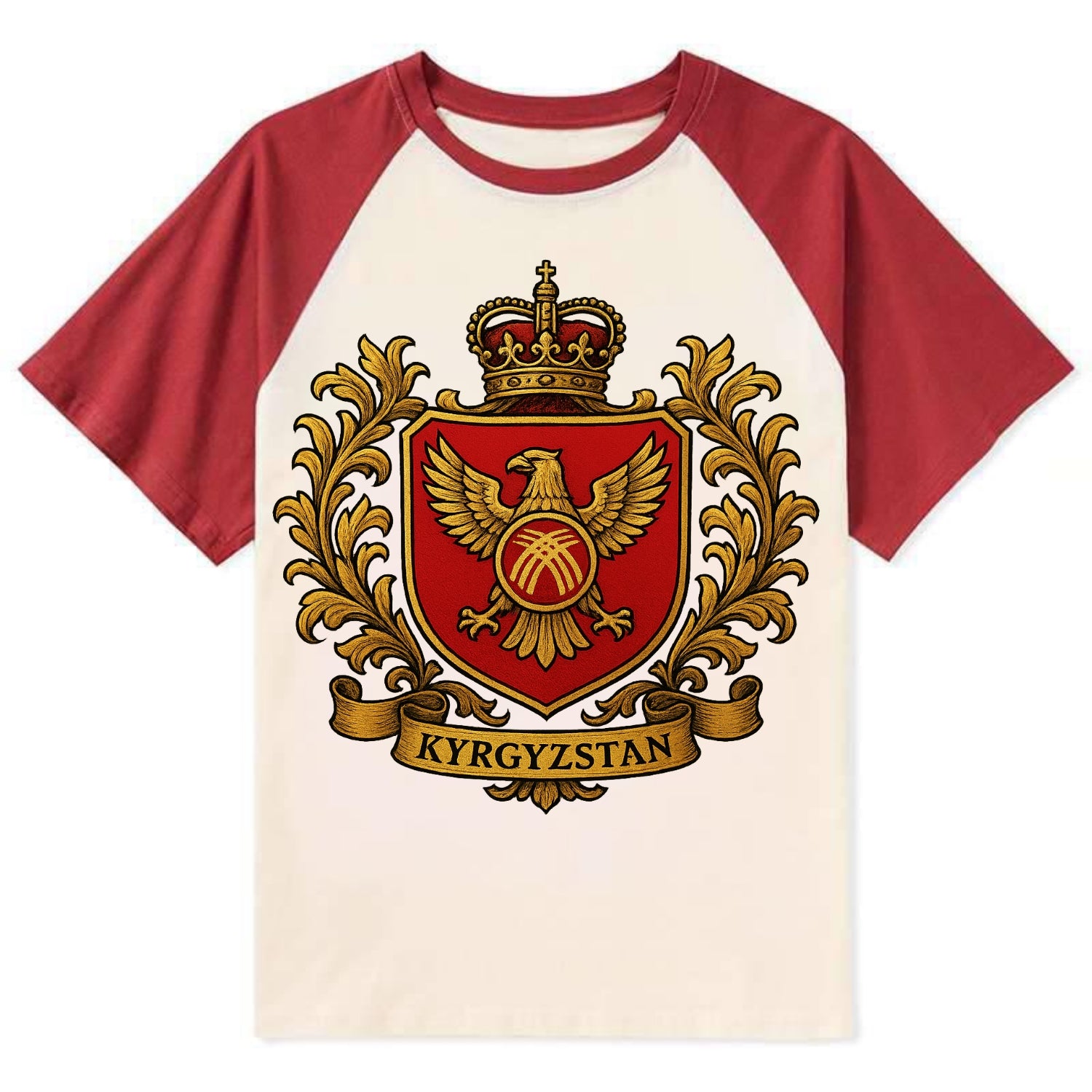 Kyrgyzstan Heritage Badge - Contrast Raglan T-shirt - Red