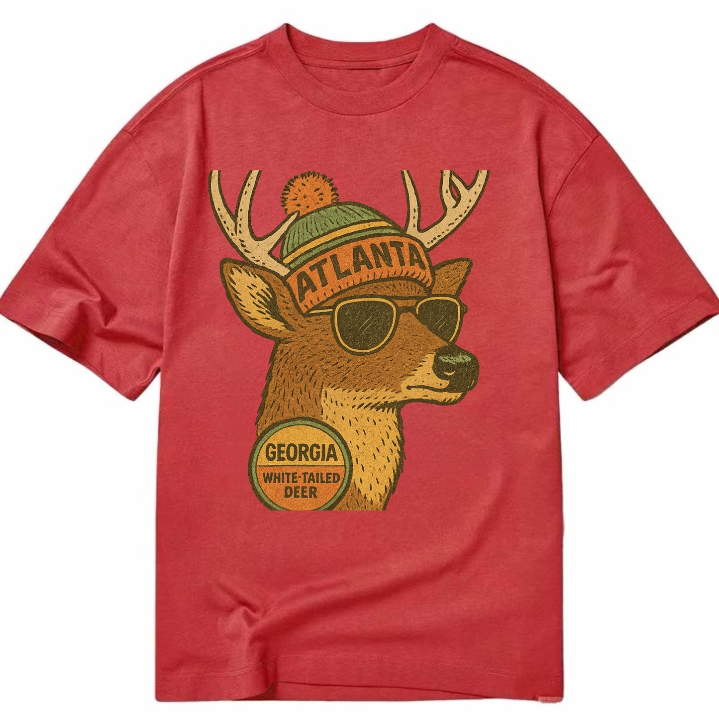 Georgia White-tailed Deer wearing Atlanta beanie with pom pom and wayfarer - Classic T-shirt - Red