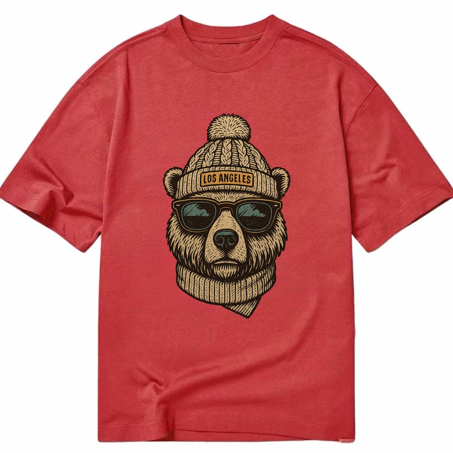 California Grizzly Bear wearing Los Angeles beanie with pom pom and wayfarer - Classic T-shirt - Red