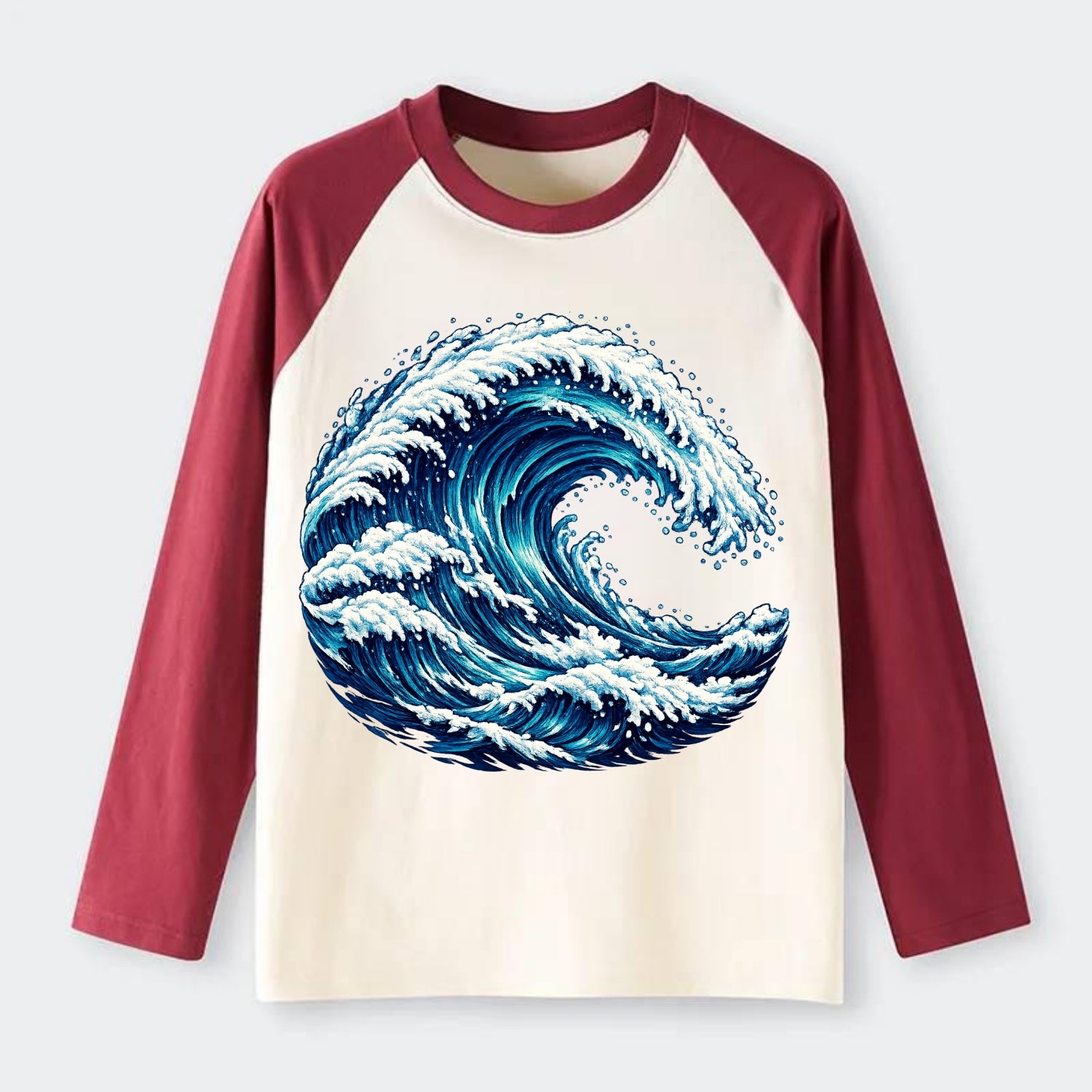 Ocean Wave - Raglan Long Sleeve T-Shirt - Red