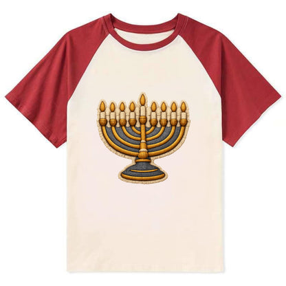MENORAH LIGHTS - nine branch candelabra in gold and blue , Hanukkah - Contrast Raglan T-shirt - Red