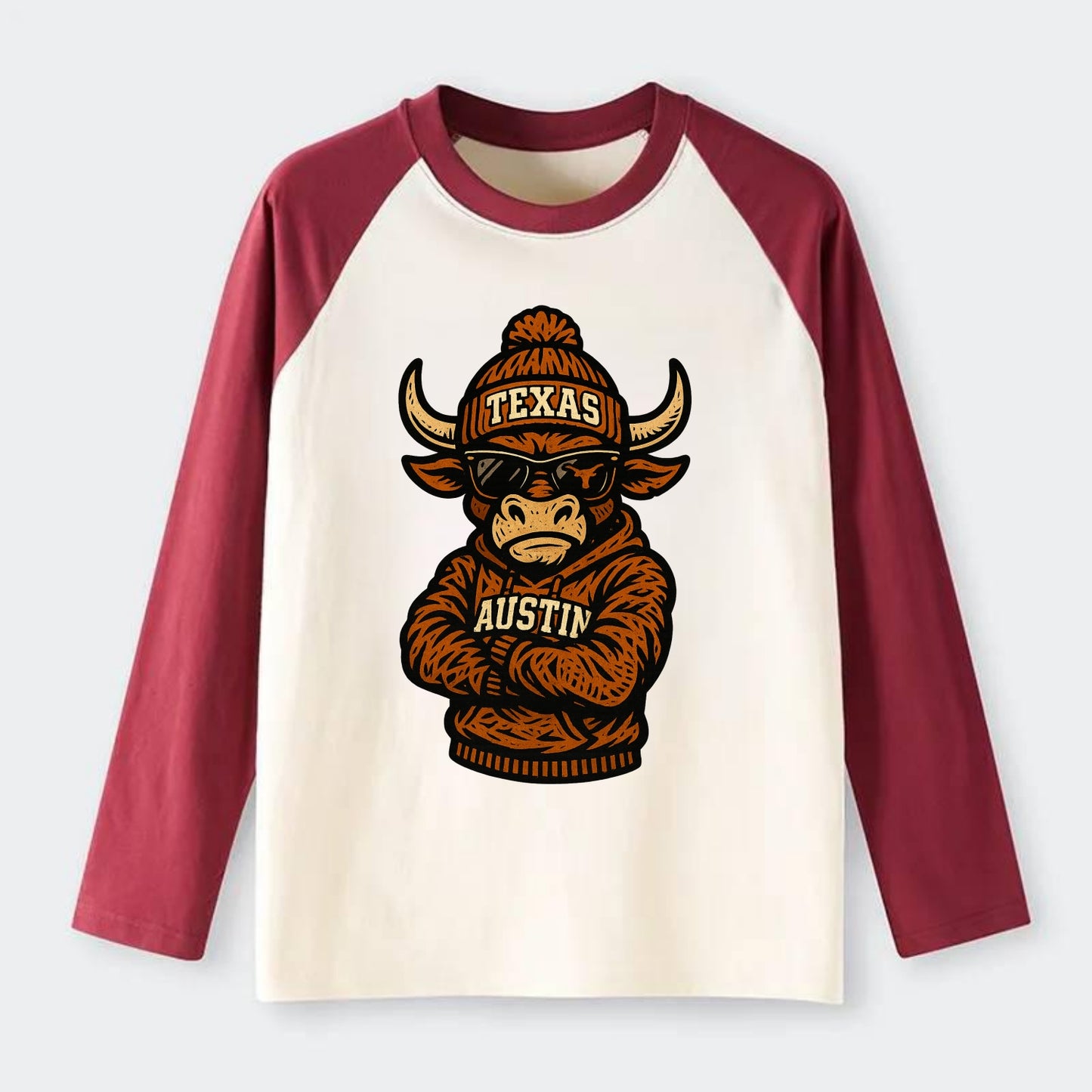 Austin Bevo wearing Texas beanie with longhorn patch - Raglan Long Sleeve T-Shirt - Red