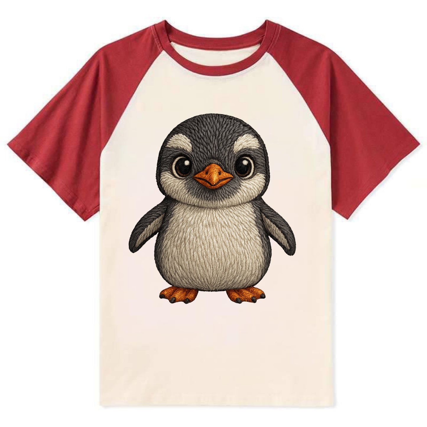 Baby Gentoo Penguin - orange beak, white cap, bright eyes, front-facing, - Contrast Raglan T-shirt - Red