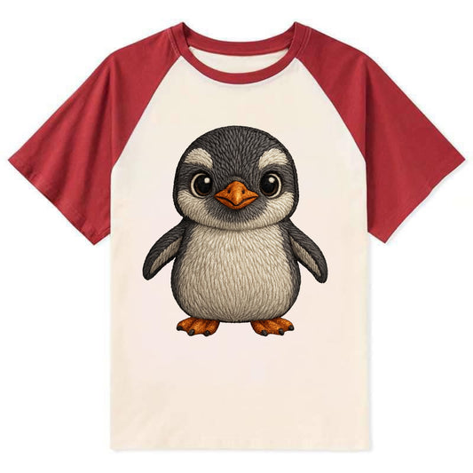 Baby Gentoo Penguin - orange beak, white cap, bright eyes, front-facing, - Contrast Raglan T-shirt - Red