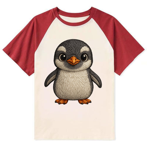 Baby Gentoo Penguin - orange beak, white cap, bright eyes, front-facing, - Contrast Raglan T-shirt