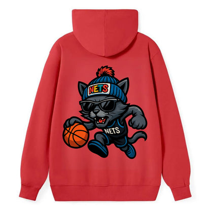 Brooklyn Cat wearing Nets beanie with street art patch and wayfarer - Classic Pullover Hoodie - Red