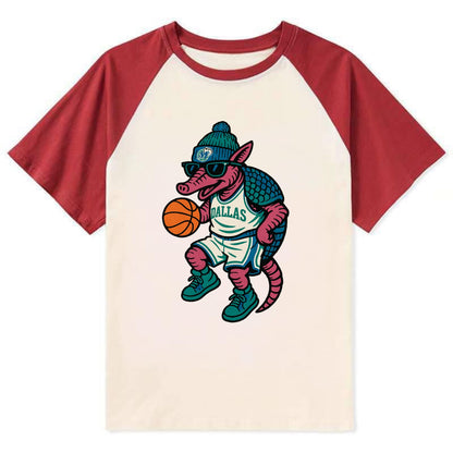 Dallas Armadillo wearing Mavericks beanie with cowboy hat patch and - Contrast Raglan T-shirt - Red